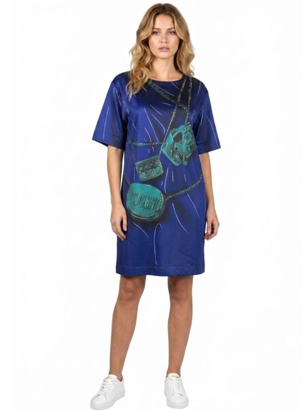 Moschino couture Milano, Blue T-Shirt Dress with Purse print images, Size US 4